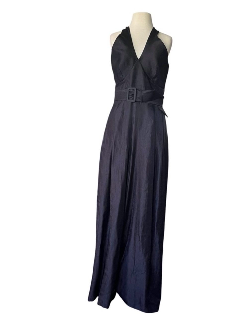 White House Black Market Black Halter Wide-Leg Pantsuit with Belted Waist